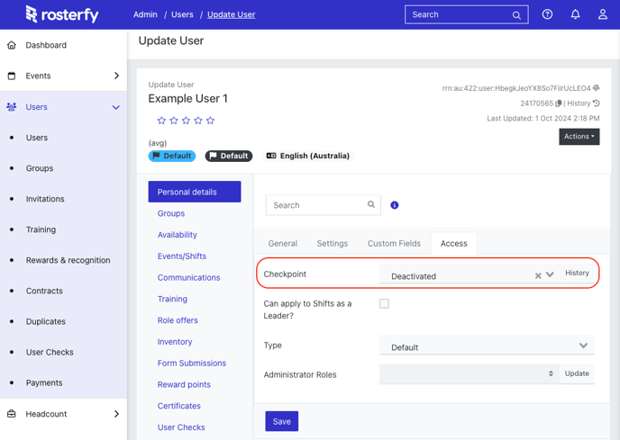 Image of the checkpoint options on a user profile.