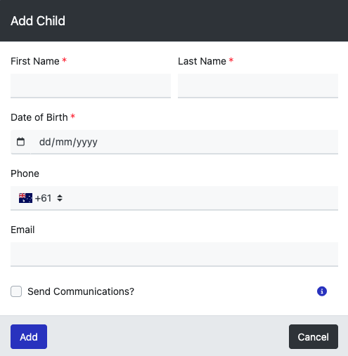 Image of the Add Child popup