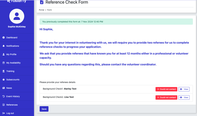 Example of the Portal View for reference checks in Rosterfy.