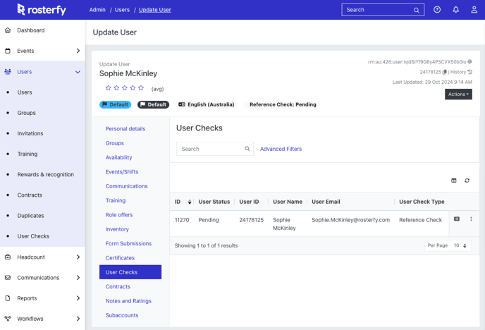 Image of the User Checks within a User Profile on Rosterfy.