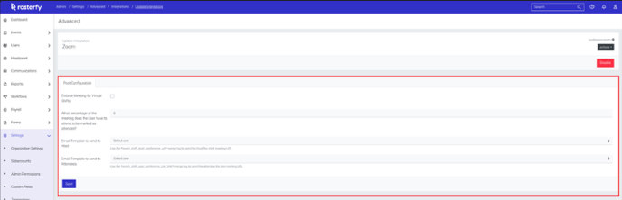 Image of the config available on the integration with Zoom.