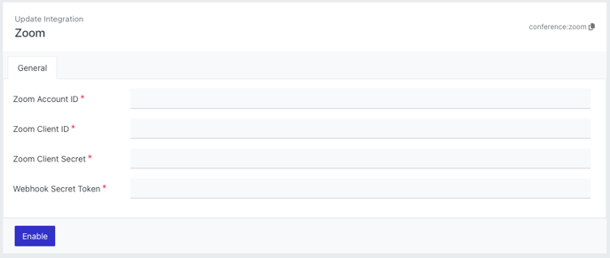 An image of the Rosterfy Admin Console when enabling the Zoom integration. Fields to enter your Zoom credentials.